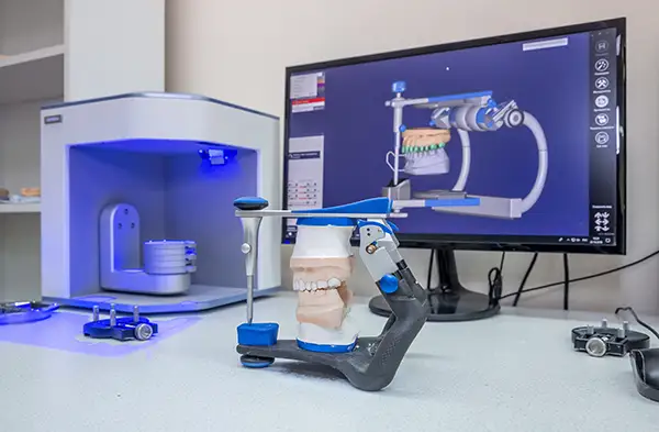 A dental articulator displayed alongside CAD/CAM software on a monitor used for designing dental restorations in a lab.